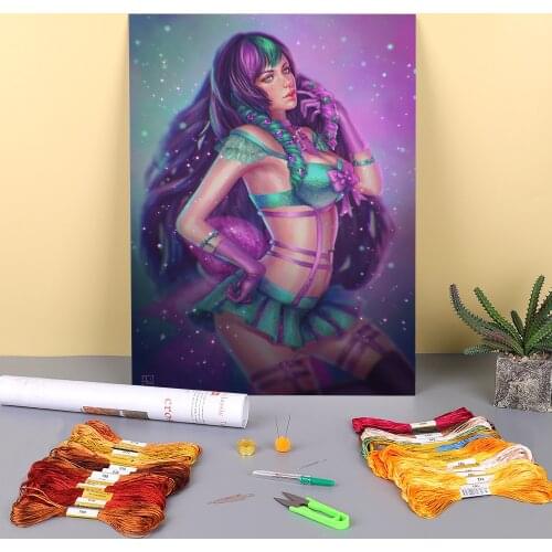 Cartoon Girl Woman Printed Fabric 11CT Cross-Stitch DIY Embroidery Patterns DMC Threads Knitting Hobby Handiwork Magic