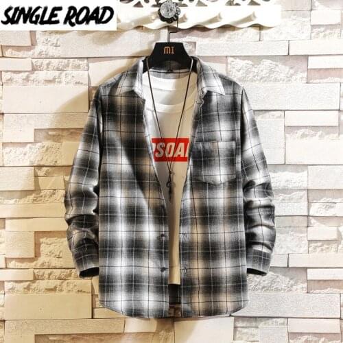 SingleRoad Mens Plaid Dress Shirt Men 2020 Spring Japanese Streetwear Mens Shirts Casual Black Shirt Korean Clothes Blouse Male