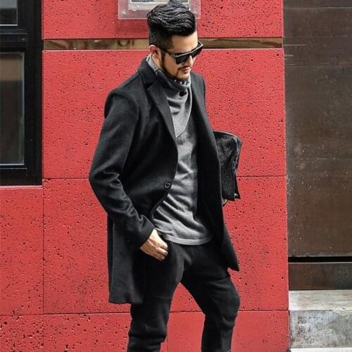 England Style Mens Cashmere Wool Overcoat Streetwear Office Casual Single Button Slim Coat Autumn Winter Black Formal Outerwear