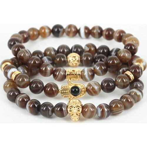 1Lot New Natural Male Bead Men Stone Bracelet Gold Color Skull Head Bracelet Jewelry Hamsa Bracelet