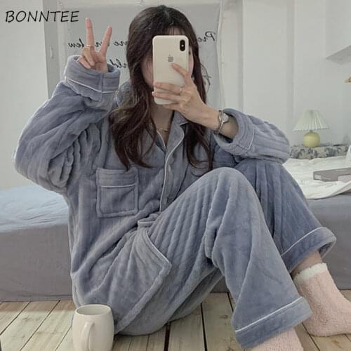 Pajama Sets Women Coral Fleece Turn Down Collar Simple Ins Long Sleeve Home Clothing Sleepwear Couples Trendy Casual Warm Female
