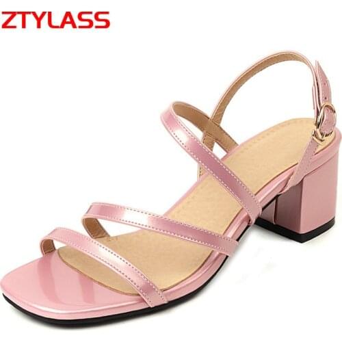 Big Szie 34-45 Women Gladiator Square Heel Sandals Patent Leather Open Toe Women Summer Sandals Fashion Buckle Dress Lady Shoes