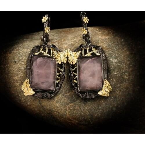 Fashion Lady Bohemian Style Square Natural Crystal Butterfly Flying Earrings Lady Sweet 925 Silver Jewelry Drop Earrings