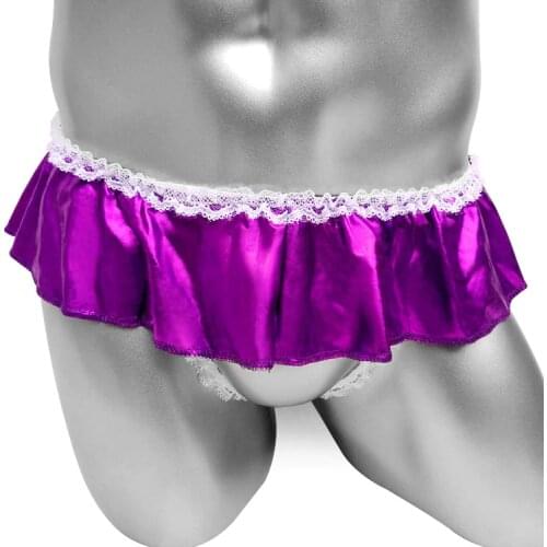 Shiny Sissy skirted Thong Panties Lace Open crotch Men G string Underwear Bikini Faux leather Sissy Panties Sexy Lingerie