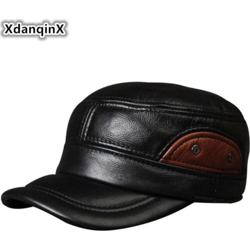 XdanqinX Autumn Winter Mens Warm Genuine Leather Hat Cowhide Army Military Hats Adjustable Size Thick Men Flat Cap Snapback Cap
