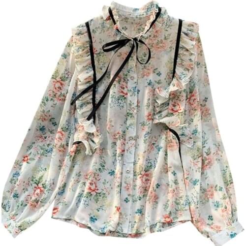 Women Spring New Long Sleeve Bow Bandage Floral Blouse Elegant Ruffles Loose Casual Summer Shirts Blusas Mujer 2021