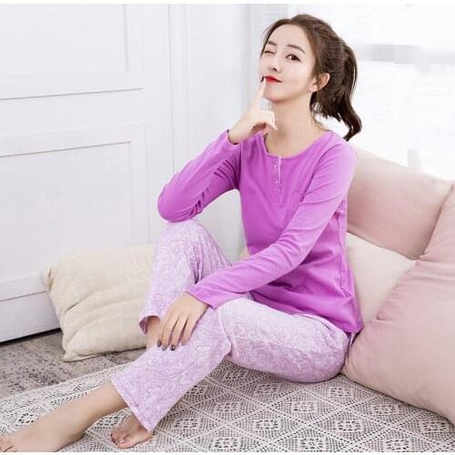 Women home large size pajamas autumn and winter cotton solid full length sleeve and pants two piece pajamas sets women pajamas