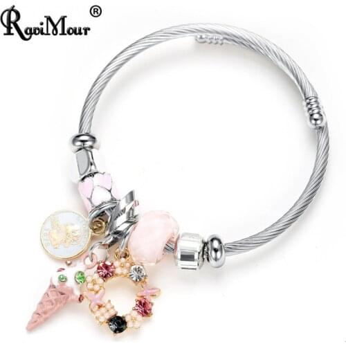 Fashion Stainless Steel Cuff Bracelets & Bangles Women Jewelry Wire Crystal Ice Cream Charm Brazaletes Mujer Accessories