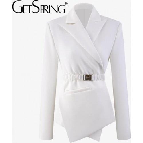Getspring Women Blazer Bandage Black White Ladies Blazers And Jackets Asymmetry All Match Split Womens Blazers Long Sleeve 2021
