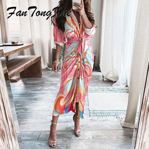 Office Lady Dresses for Women 2021 Geo Print Lace Up Pleated Elegant Dress Women Half Sleeve V Neck Fall Long Dresses for Ladies
