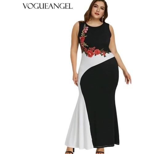 5XL Plus Size Party Dress Women 2021 Summer Sleeveless Embroidery Floral Mermaid Formal Dress Black And White Maxi Long Dresses