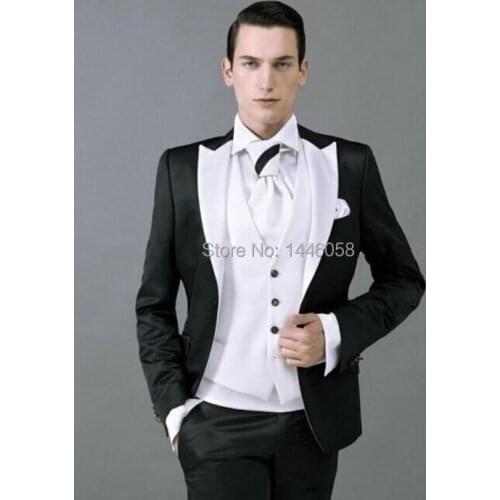 2016 Customize Made Best Selling Slim Fit Groomsman Black Suit White Vest Men Wedding Suits Groom Tuxedos For Men Bridegroom