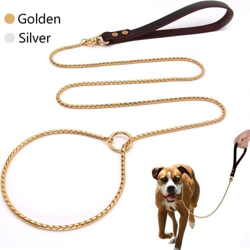 2IN1 Dog Chain Collar Leash 304 Stainless Steel Dog Metal Collar Choke Silver Gold Pet Lead Rope With Leather Handle For Show