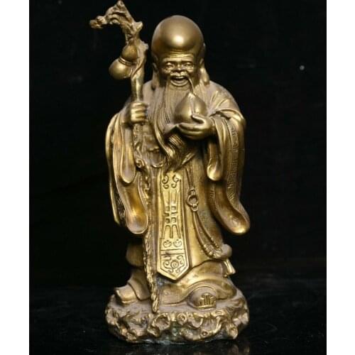 8" Old China Copper Temple Stand Longevity God Hold Crutch Shou Peach Statue