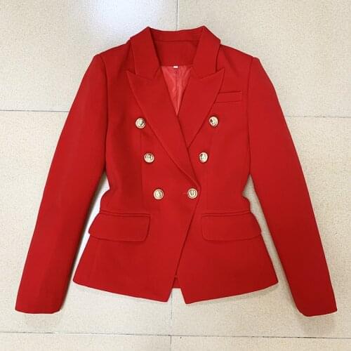EXCELLENT QUALITY 2021 Classic Designer Women Blazer Slim Fitting Metal Lion Buttons Double Breasted Career Blazer Jacket Red