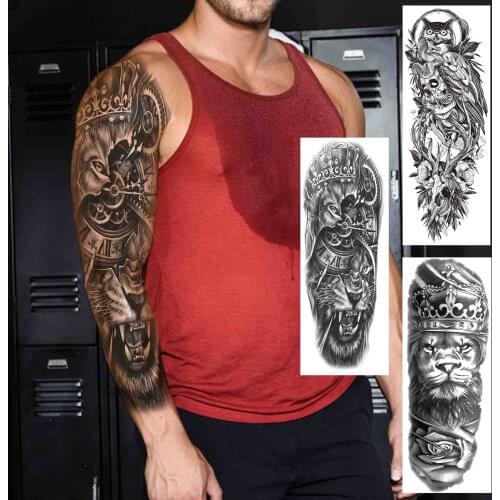 Black Lion Temporary Tattoos Sleeve For Men Boy Adult Realistic Fake Mechanical Compass Tatoo Unique Full Arm Tattoo Sticker