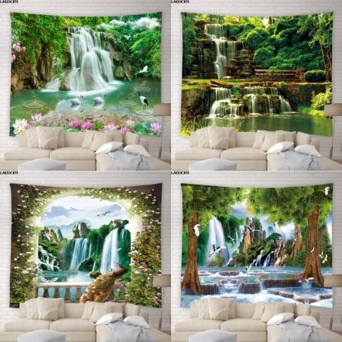 Landscape Scenery Tapestry Waterfall Forest Flowers Lake Stone Green Plants Nature Background Wall Hanging Bedroom Home Decor