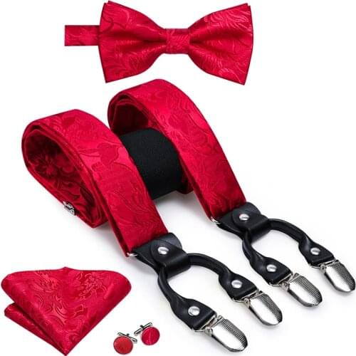 100% Silk Adult Mens Suspender For Men Leather Metal 6 Clips Braces Classic Red Floral Vintage Elastic Suspender and Bow Tie