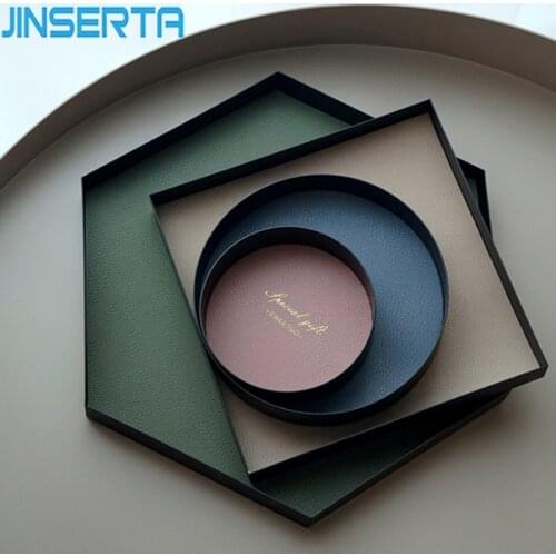 JINSERTA PU Leather Metal Storage Tray Jewelry Display Plate Necklace Ring Earrings Cosmetic Tray Creative Decoration Organizer