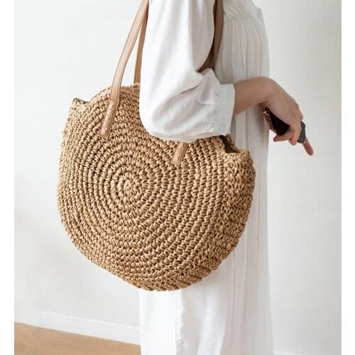 Bohemian Round Straw Bag Hollow Wikcer Woven Women Shoulder Bags Handmade Rattan Handbags Summer Beach Large Tote Travel Purses