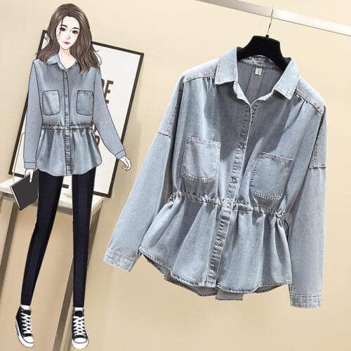 Spring Autumn New Design Retro Denim Jackets For Womens Lapel Single-breasted Drawstring Waist Femme Chic Jeans Jacket 4XL aq617
