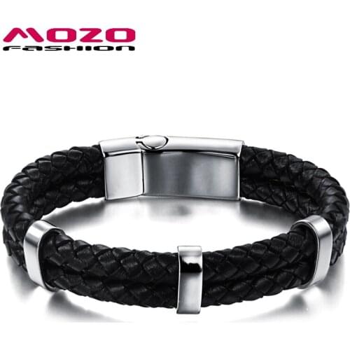Fashion Cool Jewelry Double Layer Leather Rope Chain Bracelets Man Stainless Steel Magnet Buckle Simple Bangle