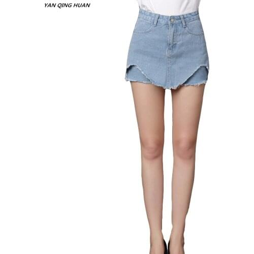Fashionable Loose High Quality 2018 Spring And Summer New Large Size Womens Denim Shorts Fake Two-set Gross Side Denim Shorts