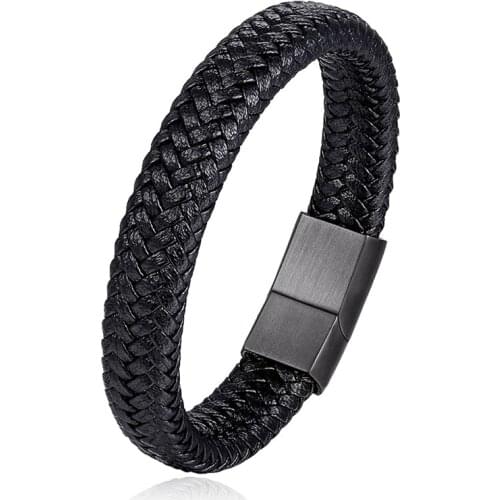 Fashion punk style mens bracelet black brown leather cool bracelet gold magnet handmade jewelry gift customizable logo