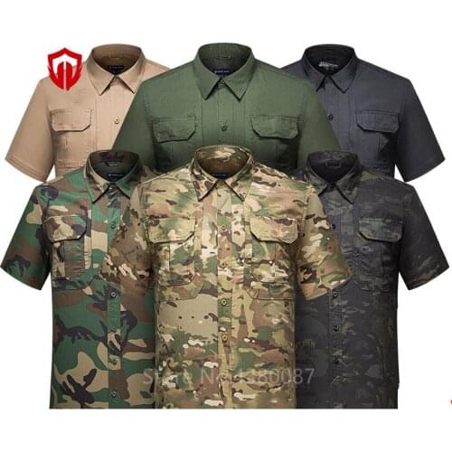 WW2 Us Army Short Sleeve Shirt Military Uniform for Men Male Cotton Breathable Tactical Camouflage Stand Collar Combat Top 3XL