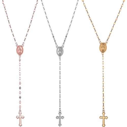 Romad Fashion Cross Pendant Necklace Women Rose Gold Silver Long Chain Men Rosary Coin Necklaces Religious Jewelry