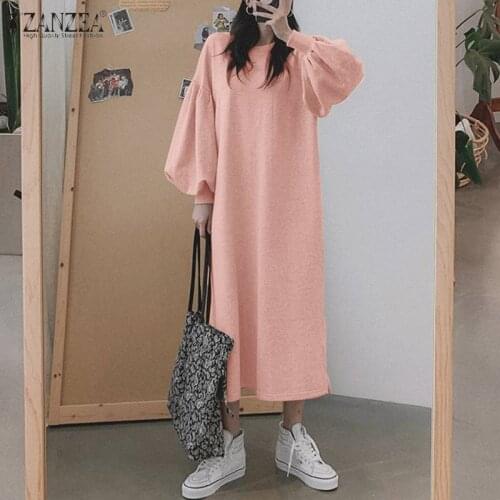 ZANZEA Women Long Puff Sleeve Sweatshirt Dress Plus Size Winter Long Pullover Vestidos Autumn Loose Fleece Sundress Robe Femme7