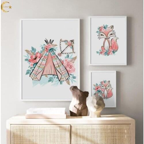Pink Fox Flower Tent Bow Arrow Nordic Posters and Prints Wall Art Canvas Painting Cartoon Wall Pictures for Baby Kids Room Decor