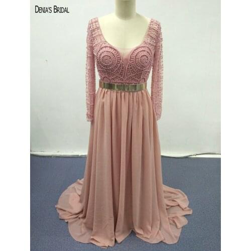 2017 A-line Chiffon Evening Dresses Scoop Neckline Floor Length Long Sleeves Gold Belt Beaded Party Prom Gowns