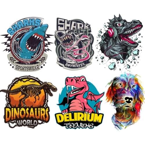 Prajna Punk Dinosaur Iron On Heat Transfers Vinyl Ironing Thermal Stickers On Jacket DIY Punk Shark Patches For Clothing Appliqu