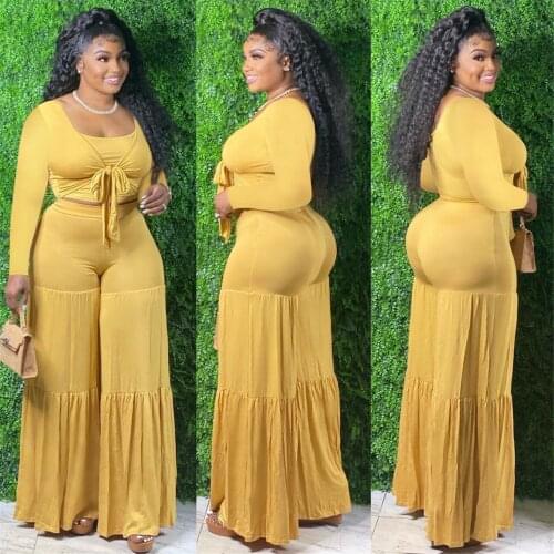 TNNAOFF plus size solid 2 Piece Set for Women Long Sleeve Bandage Crop Top fashion elegant Flare Pants Night Party Matching Sets