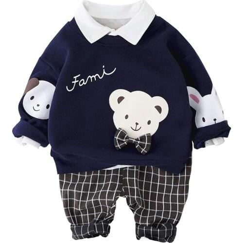 2021 Spring Boy Girl Clothing Set Bowknot Casual Kids Tracksuit Long Sleeve Printed top+Plaid pants Sets Infant Baby Clothes Sui