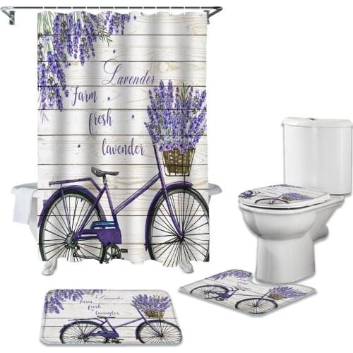 Pastoral Style Lavender Bicycle Shower Curtain Carpet Cover Toilet Cover Bath Mat Pad Set Bathroom Curtain Home Decor