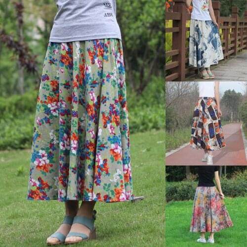 Women Elastic Waist Linen Summer Skirt Ladies Empire Maxi Vintage Midi Print Pleated Plus Size Skirts
