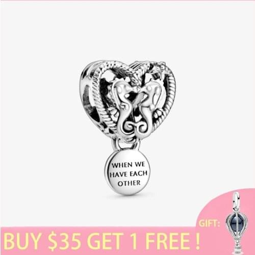2021 Summer New S925 Sterling Silver Beads Openwork Seahorses Heart Charms fit Original Pandora Bracelets Women DIY Jewelry