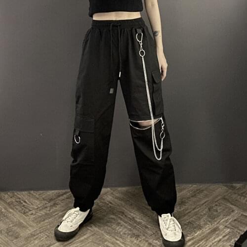 Women Hip Hop Hollow Out Cargo Pants Female Loose Casual Ankle-Length Trousers Ladies Fashion Zipper High Waist Haren Pants C16