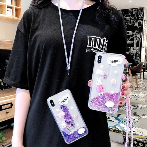Womens Mobile Phone Case for iPhone 11 Pro max XR XS max X 8 7 6 Quicksand Flash Phone Case + Lanyard for iPhone 8 7 6s plus 5s