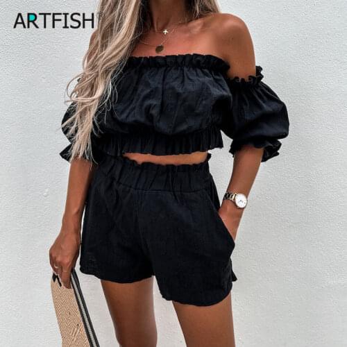 Ruffles Beach Sets Slash Neck Homewear Women New Soft Crop Tops and Shorts Outwear Summer Two Piece Sets Sexy Matching Set G2757