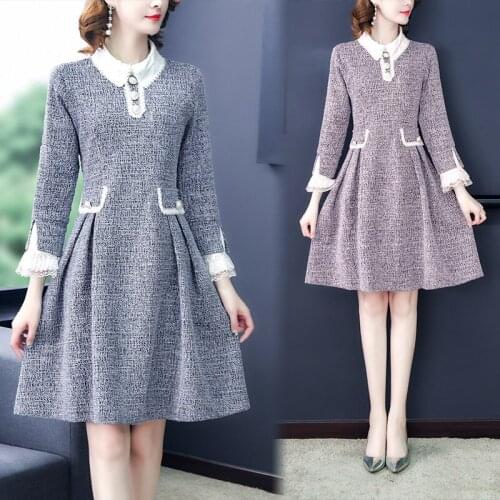 Runway Design Vintage Tweed Dress Autumn Women Doll Collar Sweet Temperament Ruffle Splice A-line Midi Dresses