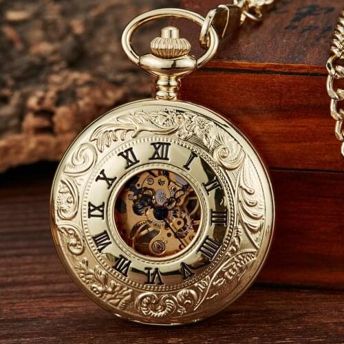 Gold Hollow Mechanical Pocket Watch Hand-Winding Double case Fob Chain Watch Skeleton Steampunk Flower Carving Clock Pendant