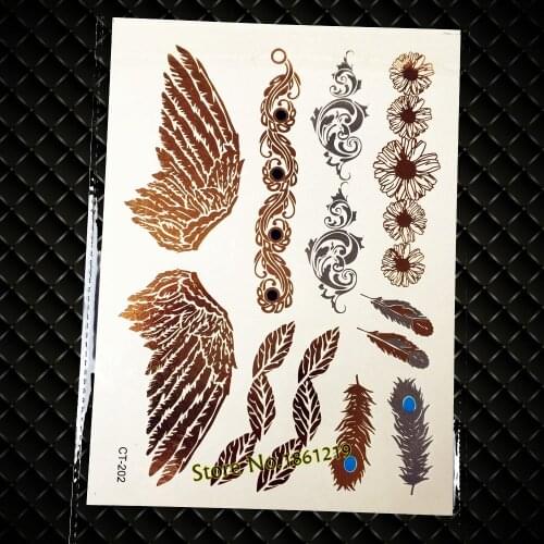 25 Style Gold Wing Peocock Feather Temporary Tattoo Waterproof Fake Flower Bracelet Tatoo Body Art Flash Metallic Tattoo Sticker