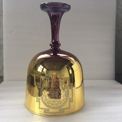 3th Octave 8.5" mixed color Crystal Singing Chalice/Grail, perfect Musical Note "D", Sacral chakra with design "Sri Yantra"