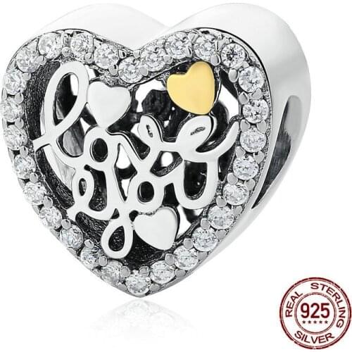 Openwork Love Script Crystal Beads fit 3mm Bracelet Bangle Authentic 925 Sterling Silver Charms For Women DIY Jewelry Making