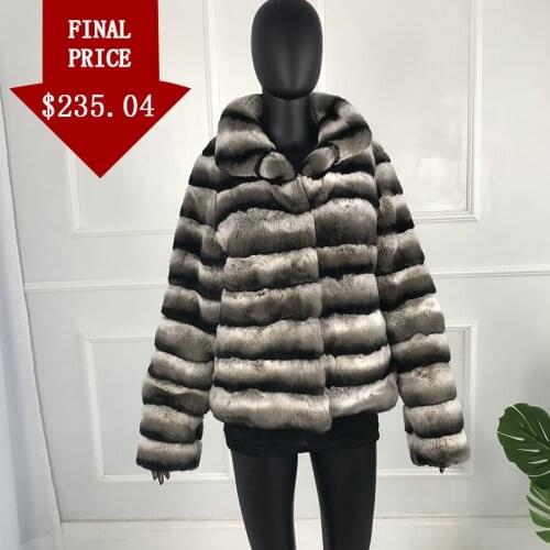 Genuine Rabbit Fur Overcoats High Quality Elegant Women winter jacket Chinchilla Color hooded Natural Real Fur Coat