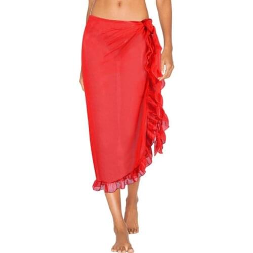 Bohemian Skirts Women Solid Color Beach Long Skirt Ruffles Sarong Wrap Bikini Cover Up Swimsuit Beach Skirt
