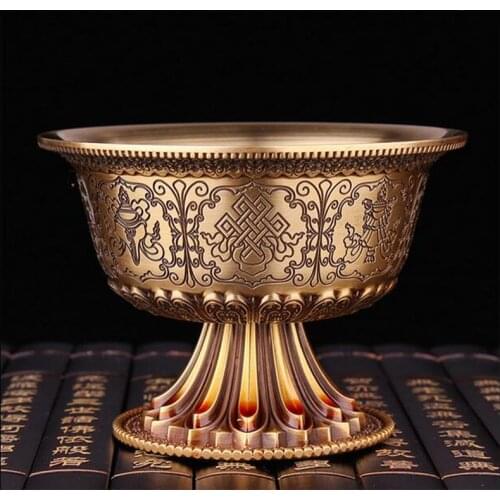 Buddhist Supplies Nepal Craft Eight Auspicious Extremely Beautiful Tall Solid Copper Water Bowl Cup Buddha Decorations 1 pc